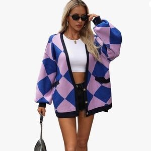 Women Oversized Sweater Diamond Checker Open Front Cardigan Loose Knitted Tops
